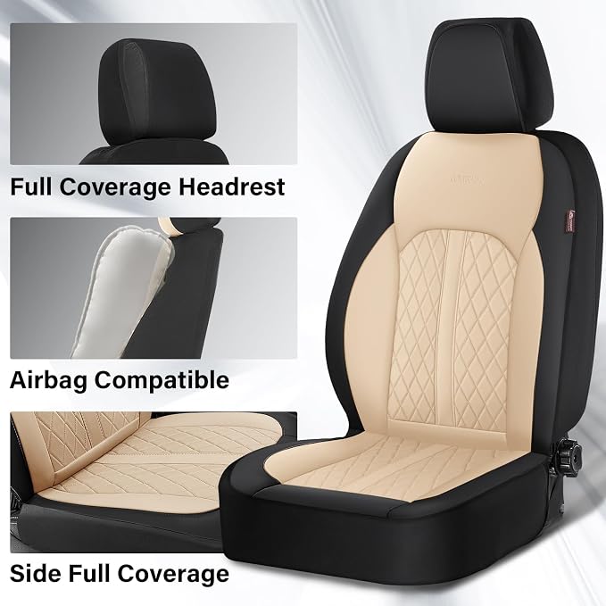 Coverado Universal Leather Seat Covers Front Seats, 2-Pack Seat Covers for SUV, Pickup Truck, Sedan, Automotive Vehicle Interior, Waterproof and Durable All Weather Protector，Black&Beige