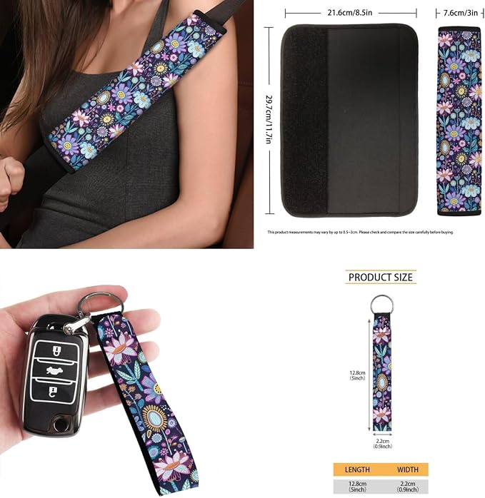 15 Pcs Hippie Floral Car Seat Cover Full Set for Women with Car Steering Wheel Cover Seat Belt Cover Trash Bin Front Rear View Mirror Car Cup Holder Keychain