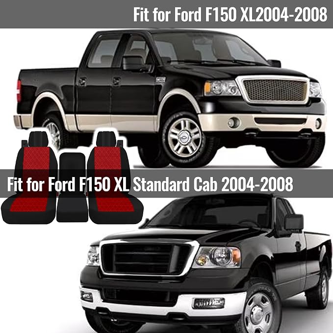 Front 40/20/40 Heavy-Duty Oxford Fabric Seat Covers Compatible with Ford F150 XL/Standard Cab 2004-2008, Split Bench with Integrated Seatbelts & Solid Armrest-Red