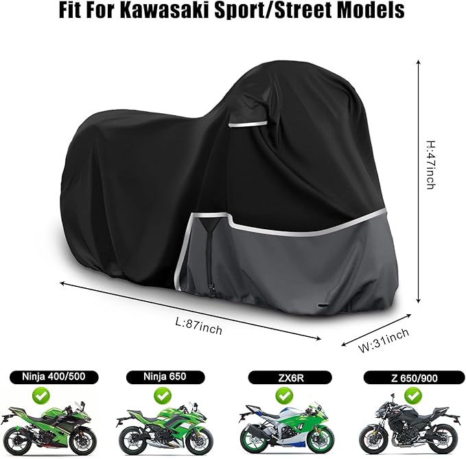 Waterproof Motorcycle Cover Replace for Kawasaki Ninja 400 500 650 Z900 Zx6r Street Without Trunk Model, 420D Oxford Cloth Motorcycle Cover for Snow Rain Dust Protection