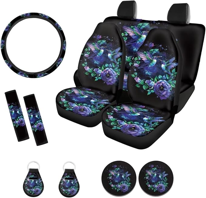 Xoenoiee Hummingbird Purple Floral Print 11 Pieces Car Seat Covers Interior Accessories Set Universal Fit with Steering Wheel Cover, Seat Belt Pads, Keychain, Cup Coasters