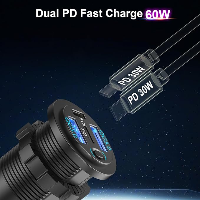 2 Pack 12V USB Outlet 4 Port Car Charger, 78W Super Fast Dual PD3.0 & QC3.0 Multiple USB Port for Car, USB C Cigarette Lighter Replacement 12 Volt Socket Waterproof for Marine Boat Motorcycle RV Golf