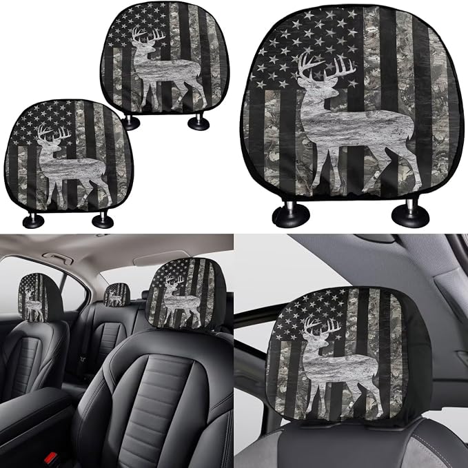 KEIAHUAN 11 Pcs Car Seat Covers Full Set for Men American Flag Deer Camo Hunting with Handbrake and Gear Shift Knob Cover,Headrest Cover, Coasters,Non-Slip Car Steering Wheel Cover,Coasters