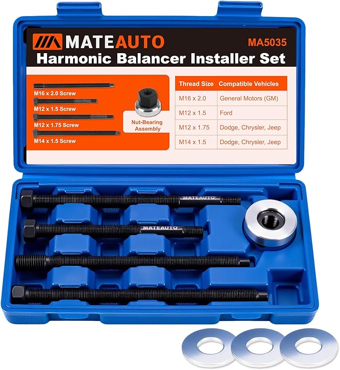 5Pcs Harmonic Balancer Installer Set, Long Reach Crank Pulley Underdrive Pulley Damper Installation Tool Kit with 4 Adapters, Nut Bearing, Washer Compatible with GM V8 and V6 Engines
