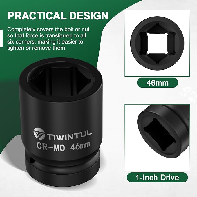 46mm Impact Socket 1-Inch Drive, 6 Point Design,CR-MO Heavy Duty Metric Socket for High Torque Impact Wrench, Large Socket for Semi Truck Axle Nuts, Diesel Mechanic & Heavy Equipment