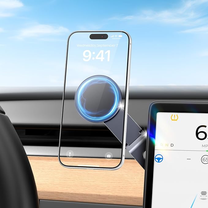Tesla Phone Mount for Magsafe: Tesla Car Phone Holder for Tesla Model 3/Y Accessories 【Strongest N52 Magnet + 360° Adjustable】 Foldable Hidden Car Mount Magnetic iPhone & Android