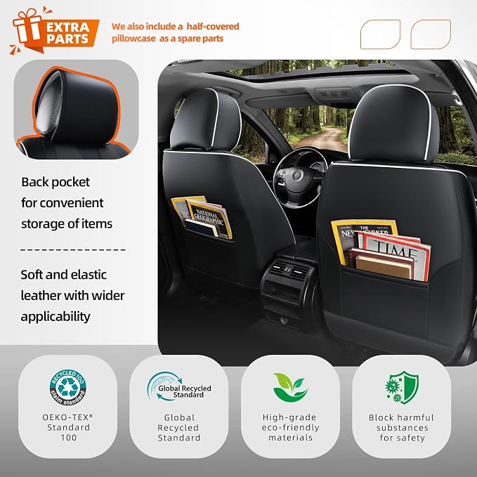 5-Seater Car Seat Covers Full Set, Fit for Front and Rear Seats of Cars, Waterproof and Breathable Nappa Leather, Compatible with Airbags, Car Seat Protector Covers for Most Cars - Black White