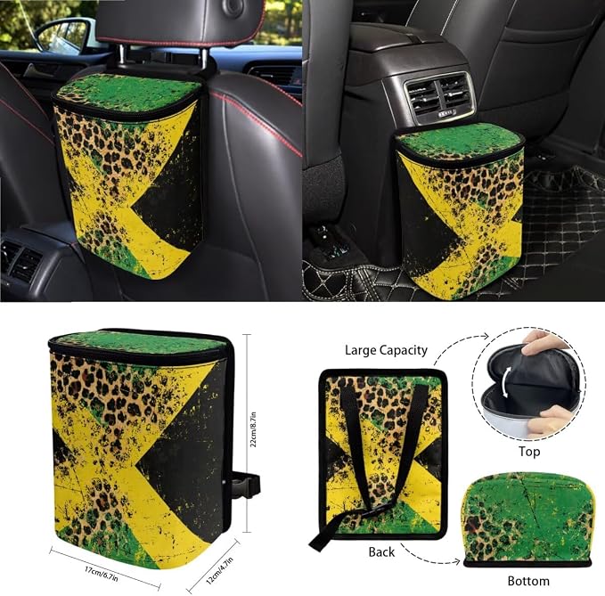 Jamaican Flag Leopard Print Car Front Back Seat Cover Set of 15 Steering Wheel Cover Seatbelt Strap Pad Trash Cans Rearview Mirror Covers Air Vent Storage Holder Coasters Keychain