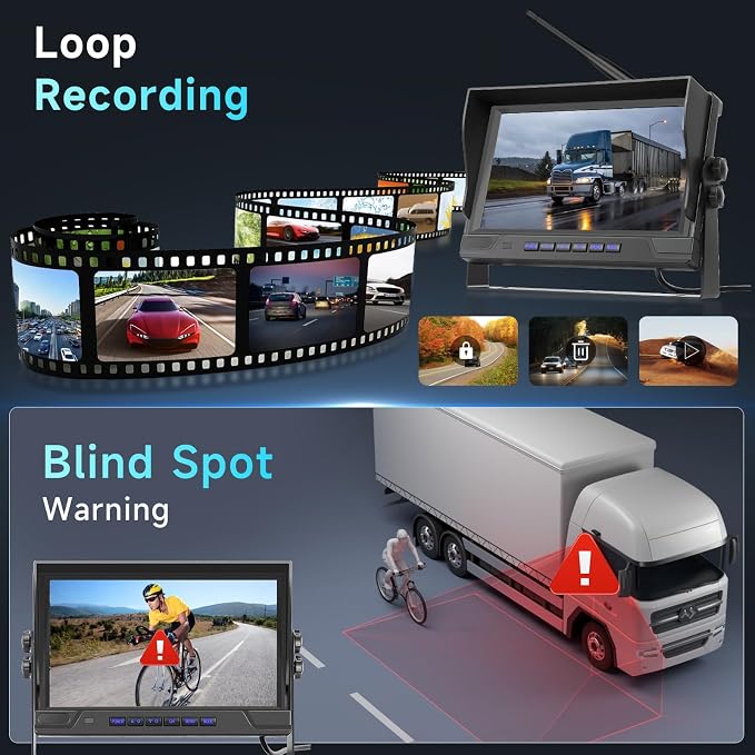 9-Inch Wireless Backup Camera for Truck- 4 Channel Split Screen Monitor with IR Night Vision, Blind Spot Warning, IP 68 Waterproof, Loop Recording, 2 Backup Camera for Trailer, RV, Pickup, Cars