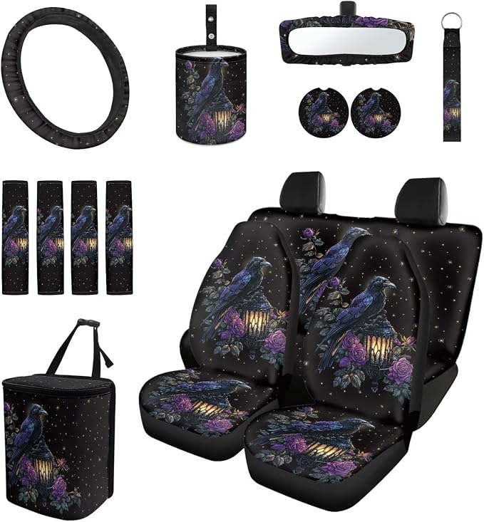 Floral Raven Car Aaccessories Full Set of 15 Pcs, Goth Car Seat Covers Set with Rear View Mirror Cover,Steering Wheel Covers,Car Trash Can with Lid for Women Man,Universal Fit