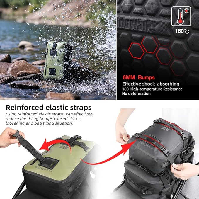 Rhinowalk Motorcycle Tail Bag Motorbike Side Bag 8L Full Waterproof Motor Saddle Pannier Bag Rear Rack Trunk Professional Motor Accessories-Green