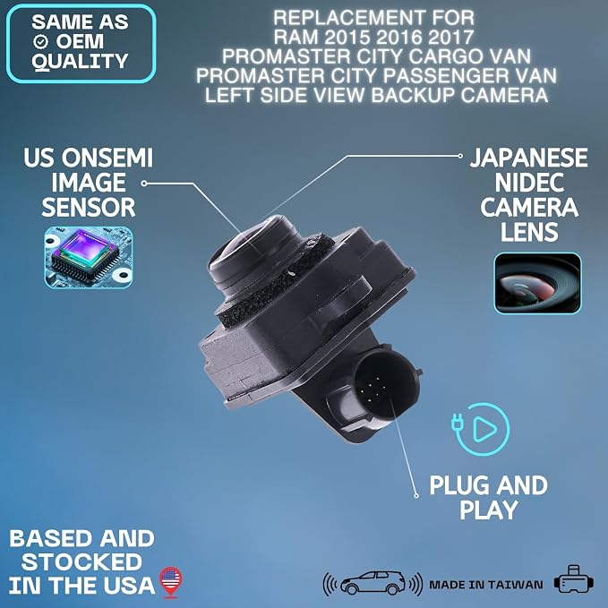 Backup Camera Replaces for 2015 2016 2017 RAM PROMASTER City Cargo Van/PROMASTER City Passenger Van Left Side View OE Part # 68334451AA 68311544AA 68263903AA