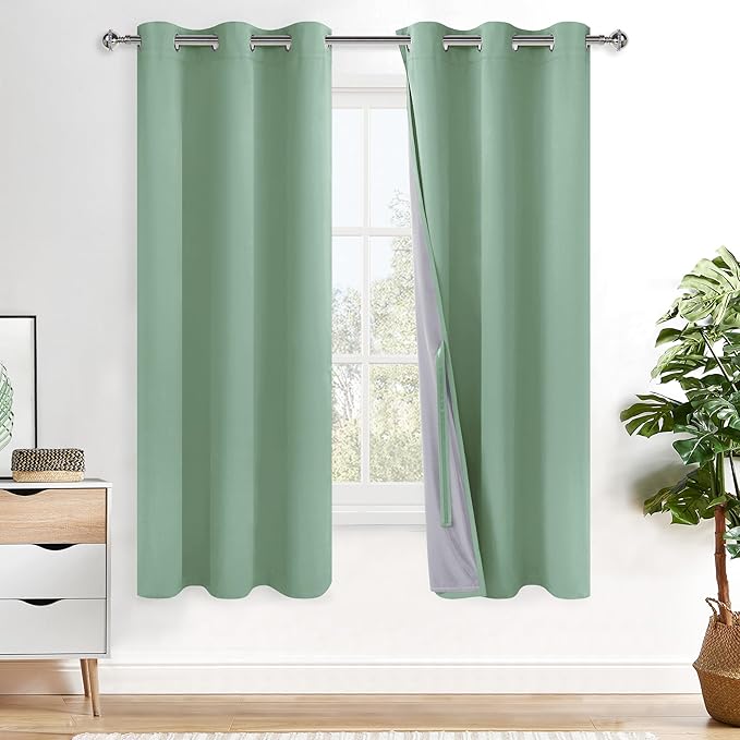 XWZO 100% Blackout Curtains 2 Panels with Tiebacks- Double Layers Heat and Full Light Blocking Window Panels with Grommets for Narrow Wide Windows, Light Sage, W38 x L63, Set of 2