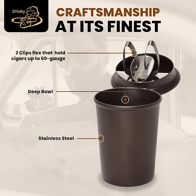 Stinky Cigar Car Ashtray, Matte Brown | Premium Stainless Steel Ashtray Cup with Spring Clip Mechanism for All Cigar Sizes - Perfect On The Go Accessory for Cigar Enthusiasts and Automobiles