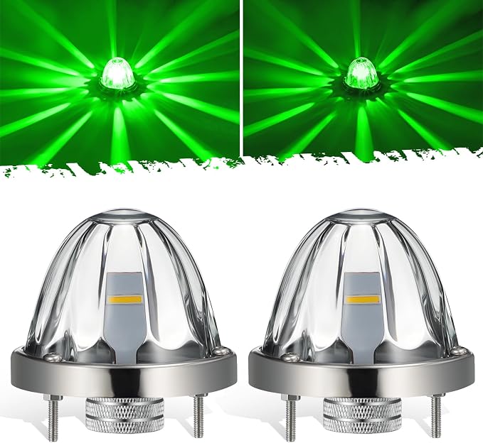 Partsam 2Pcs Glass Watermelon Lights [Patented] Clear Lens Green LED Side Marker Turn Signal Lights with Stailess Steel Bezel Replacement for Kenworth Peterbilt Freightliner Trucks