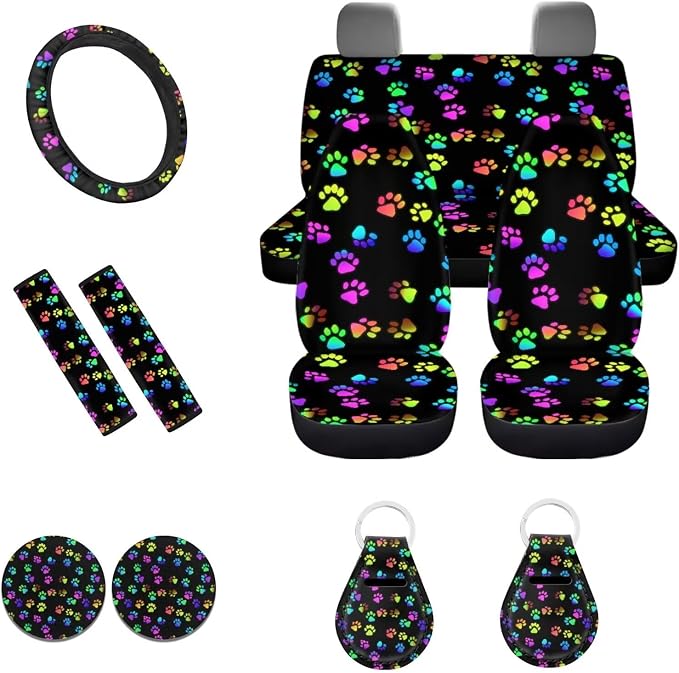 POLERO Colorful Dog Paws Car Seat Cover Sets 11pcs Cute Steering Wheel Cover Auto Seat Belt Shoulder Pads Cupholder Coasters Cute Keychains Full Set