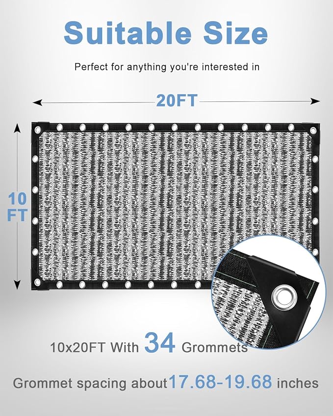 vensovo 70% Aluminum Shade Cloth - Reflective Aluminium Shade Netting Sun Shade Cover with Grommets for Cars, Dogs, Outdoor, RV, Patio (10x20FT)