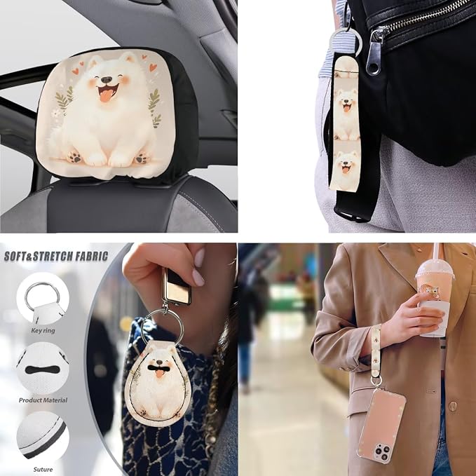 Cartoon Dog Car Seat Covers Set of 13, Lovely Samoyed Dog Steering Wheel Cover Watercolor Samoyed Armrest Cover Seatbelt Covers Cup Mats, Easy to Install Car Seat Cover Set