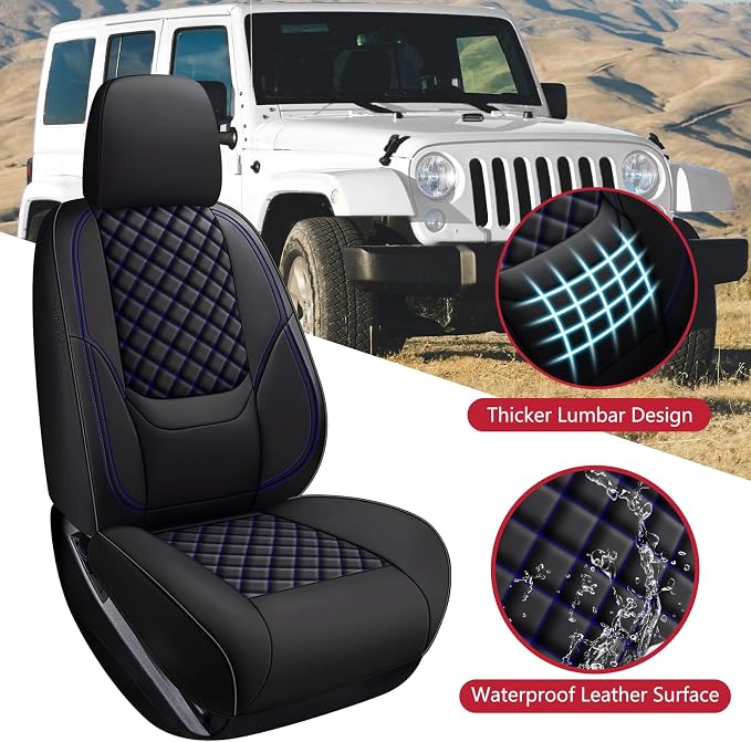 Wrangler Seat Covers 2018-2026 Full Set, Waterproof Leather Interior Sets with Lumbar Support Custom Fit for Jeep Wrangler JL 4 Door Unlimited Sahara/Sport/Rubicon X 392 Willys, Black Blue