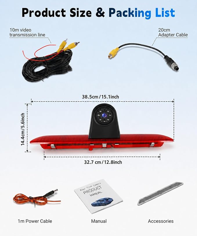 Brake Light Rear View Camera for Ford Transit 2014-2018,IP67 Waterproof, 140° Wide Angle,HD Night Vision,Third Brake Light with Adjustable Angle,12V,10M Wired Connection, Easy & Wired Installation