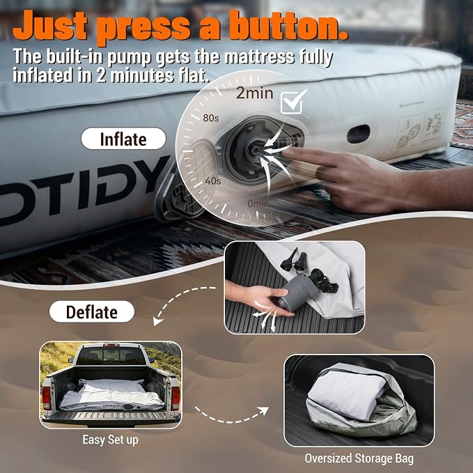 Comfortable Fabric Texture Truck Bed Mattress 5.5-5.8ft for Full-Size Pickup with extender, Truck Bed Air Mattress Customized for Tundra/ F150/ Silverado/ Ram1500, with Bult-in-Air Pump,Camping