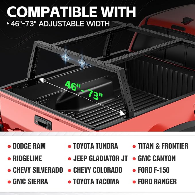 YZONA Adjustable 16-24.8" High Truck Cargo Rack Bed Racks Cargo Carrier with 2 LED Lights Compatible with Silverado/Sierra/Ram/Tacoma/Tundra/Titan/Frontier/Canyon/Gladiator JT/Ford F-Series