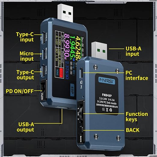 FNIRSI USB Tester 4-24V 6.5A LCD USB A&C Voltage Current Power Display Multimeter with App Software, Fast Charge Detection Trigger, PD2.0/PD3.0,QC2.0/QC3.0, CNC Metal Shell