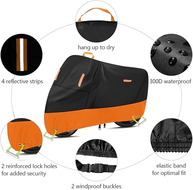 Motorcycle Cover 300D Oxford Motorcycle Covers Waterproof Outdoor Storage Fit up to 110 inch Sportster Road King Street Glide Honda Goldwing Vulcan Yamaha (4XL: 108" x 37" x 55")