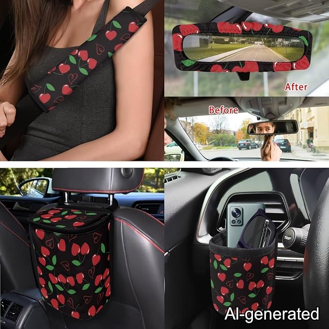 Dreaweet Cute Car Seat Covers Full Set for Women Cherry Car Accessories Interior 15 Pcs,Car Steering Wheel Covers Seatbelt Covers Coaster Trash Can Air Vent Holder Rear View Mirror Cover Keychain
