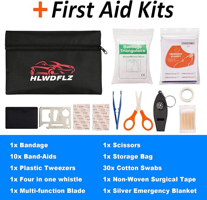 Car Emergency Kit with 2000A Car Battery Jump Starter- Car Roadside Emergency Kit, First Aid Kit, Tow Rope, Emergency Car Kit, Roadside Safety Tool Kit for Women, Men