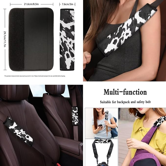 POLERO Cow Print Car Seat Cover Set 11pcs Vintage Steering Wheel Cover Auto Interior Accessories with Seatbelt Protector Pads Car Coasters and Keychains