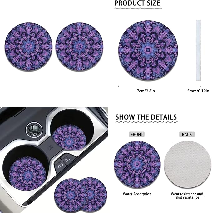Howilath Purple Mandala Car Seat Cover Set Interior Protector 13 Piece with Auto Steering Wheel Pads, Seat Belt Cushion, Keychains, Cup Mat, Easy to Install