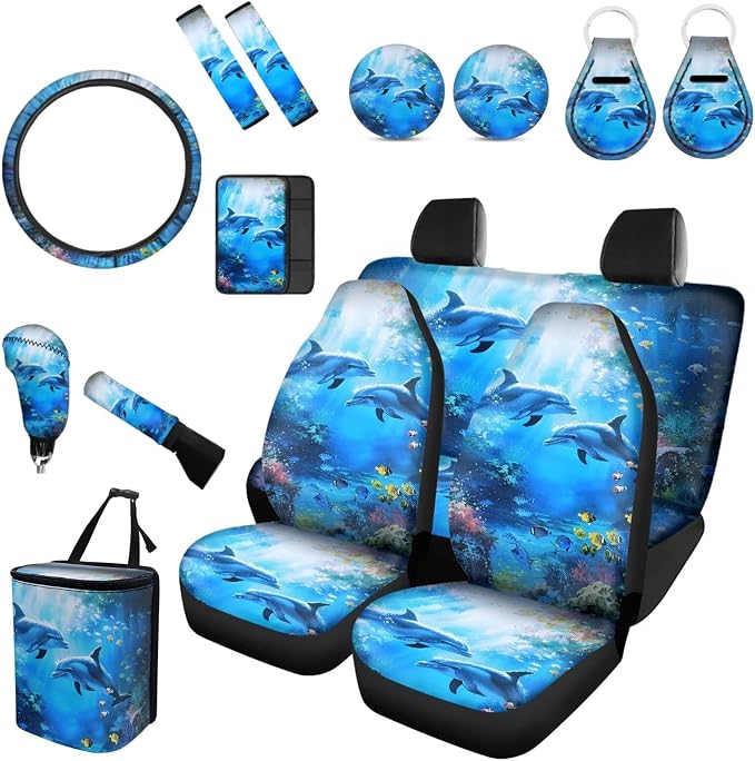 Forchrinse Underwater Dolphin Car Seat Covers for Women 15Pcs Soft Auto Interior Set with Steering Wheel Cover,Armrest Seatbelt Pads,Garbage Can,Coaster,Handbrake Gearshift Cover Fit SUVs Trucks