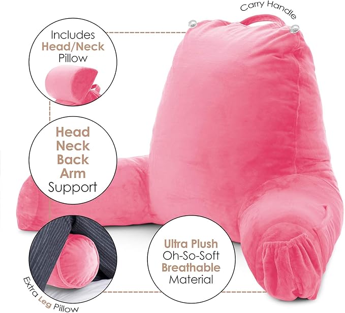 Nestl Reading Pillow with Shredded Memory Foam Includes 2 Neck and Lumber Support Pillows, Designed for Sitting Up in Bed and Couch, Back and Arms Adjustable Support for Adult & Teens, Light Pink