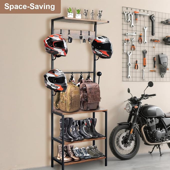 Motorcycle Helmet Holder, Floor Mounted Stand Helmet Holder with 4 Helmet Rack, 4 Glove Chips and 4 Hooks, Rustic Motorcycle Helmet Rack for Motorcycle