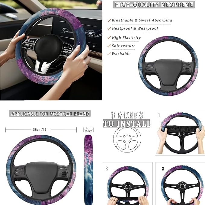 Cherry Blossoms Wolf Car Seat Covers Full Set for Women Floral Car Accessories Steering Wheel Cover Seatbelt Pad Coasters Trash Can Car Headrest Pillow Covers Armrest Pad