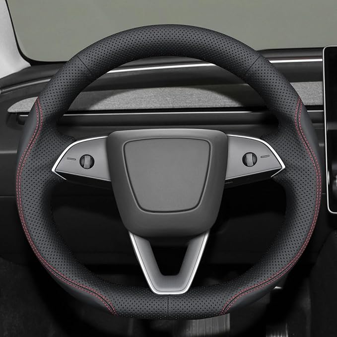 MEWANT Hand Stitch Black Real Leather Steering Wheel Cover for Tesla Model 3 Highland Model Juniper DIY Steering Wrap