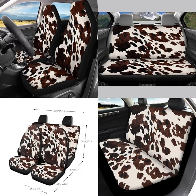 Wanyint Black Brown Cow Print 15 Pieces Car Seat Cover Set with Auto Steering Wheel Cover Seat Belt Strap Protector Cup Holder Trash Bag Air Vent Storage Pocket Rear View Mirror Protector Keychain