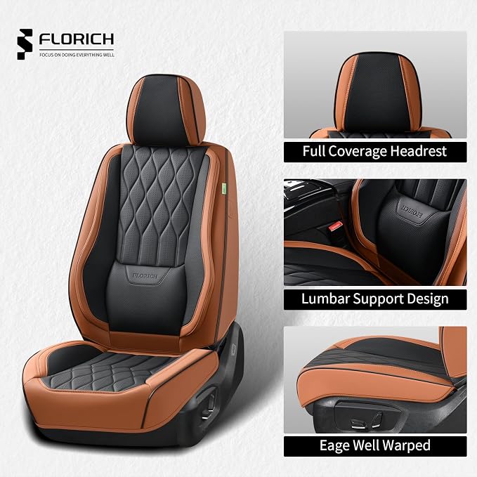 FLORICH Car Seat Covers Full Set Automotive Seat Covers with Lumbar Support Premium Nappa Leather Waterproof Seat Covers for Car 5 Seats Universal Fit for Most Car Truck SUV, Brown&Black