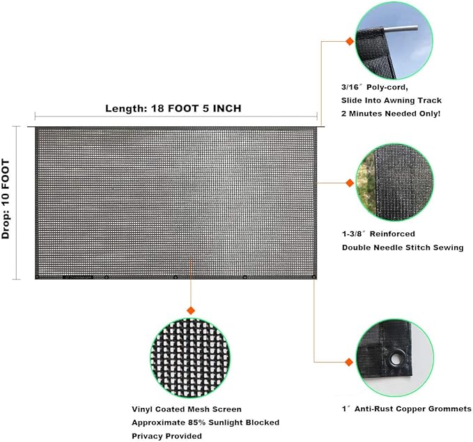 Shadeidea RV Sun Shade Screen for RV Awning - 10' X 18' 5'' (fit for 19' Awning) Black Mesh Sunshade Motorhome Camping Trailer Screen Shade UV Sunblocker Canopy Sunscreen - 3 Year Warranty