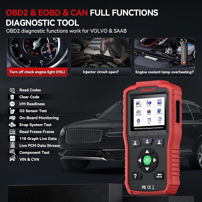 iCarsoft OBD2 Scanner for Volvo/Saab, VOL V1.0 All Systems in-Depth Diagnostic Tool, Oil Reset/SAS Reset/Live Data, Code Reader Scan Tool, CAN-FD Supported -Lifetime Free Updates