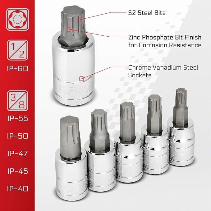 CARBYNE 13-Piece Torx Plus Bit Socket Set, 6 Lobe, TP-8/IP-8 to TP-60/IP-60, S2 Steel Bits, CrV Sockets, 1/4 in. 3/8 in. 1/2 in. Drive, Zinc Phosphate, Genuine Licensed Torx