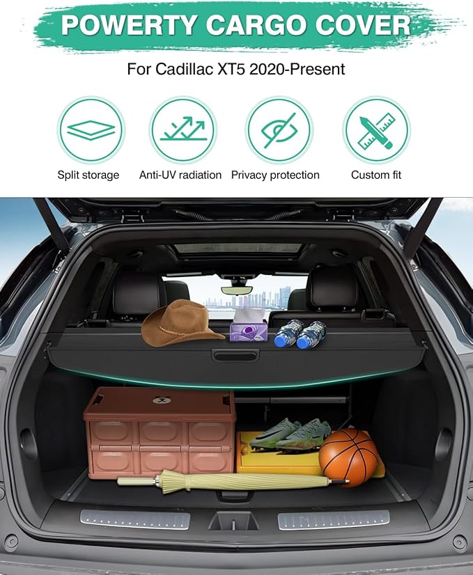 Powerty Retractable Cargo Cover for Cadillac XT5 2020-2023, Canvas Texture Trunk Cover Privacy Screen Rear Security Shade for XT5 Accessories