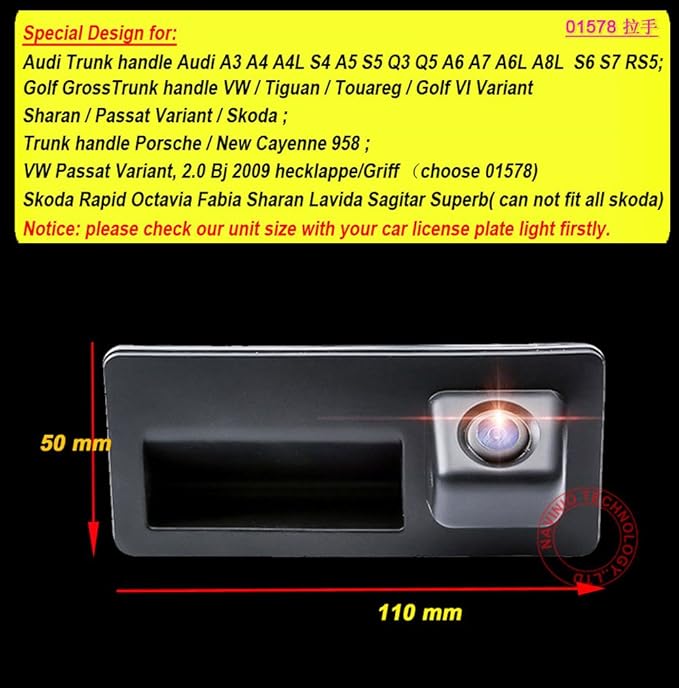 Trunk Handle Vehicle-Specific Camera Integrated into Case Handle Rear View Camera Replacement for VW Tiguan Touareg Passat Golf VI Variant Audi A4 Q3 A3 A6L A8