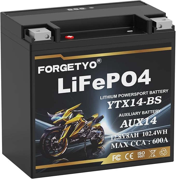 Lithium Motorcycle Battery, Forgetyo YTX14-BS 12.8V 8AH 600A LiFePO4 AUX14 Auxiliary Batteries, ATV UTV Jet Ski Snowmobile Battery