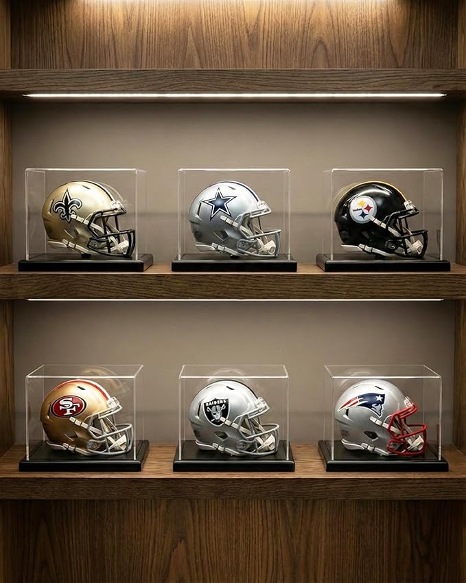 Mini Helmet Display Case with Solid Wood Base - Floating Design Clear Fully Assembled Acrylic Box for 1:2 Scale Football Helmets, Dustproof Memorabilia Showcase (Dark Walnut)