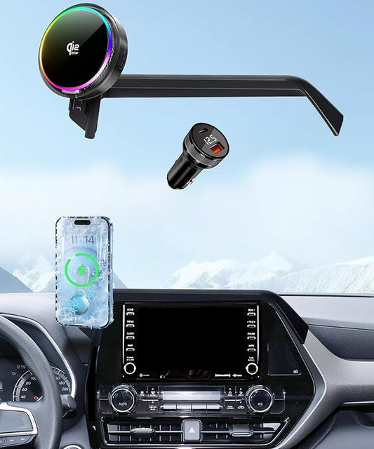 Qi2.2 25W Magnetic Car Mount Charger for 2020-2026 Toyota Highlander Accessories, for Fast Charging Cell Phone Holder 8 Inch Screen Fixed Clip with Cooling Fan＆54W Fast Adapter