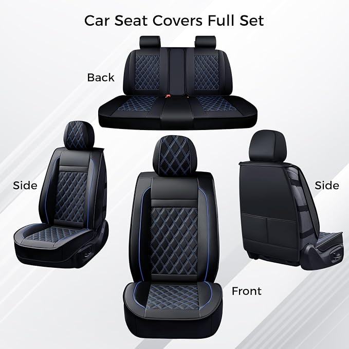 Huidasource Car Seat Covers, Car Seat Protector 5 Seats, Full-Cover Leather Car Seat Cushion Waterproof, Airbag Compatible, Universal Fit for Most Cars,Vans,Trucks, SUVs (Full Set/Black&Blue)