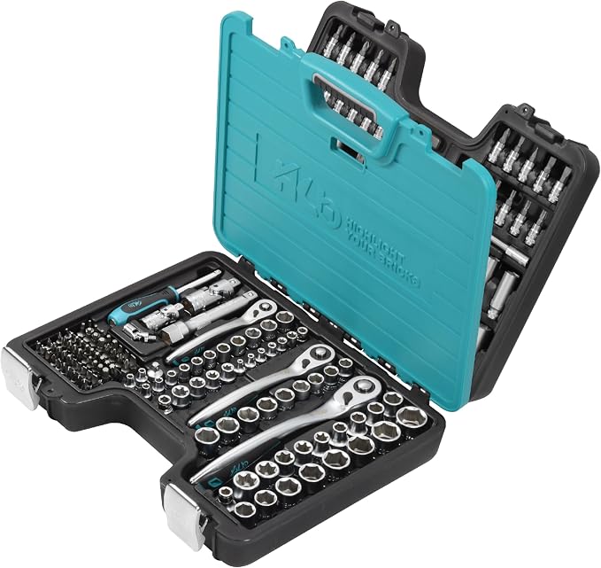 HB 169-Piece Socket Set AKM002-U | 120-Tooth Offset Reversible Ratchet Handles 1/2 3/8 1/4 Inch Drive | SAE Metric Deep Sockets TORX Bits | Chrome Vanadium Steel Portable Carry Case Made in Taiwan