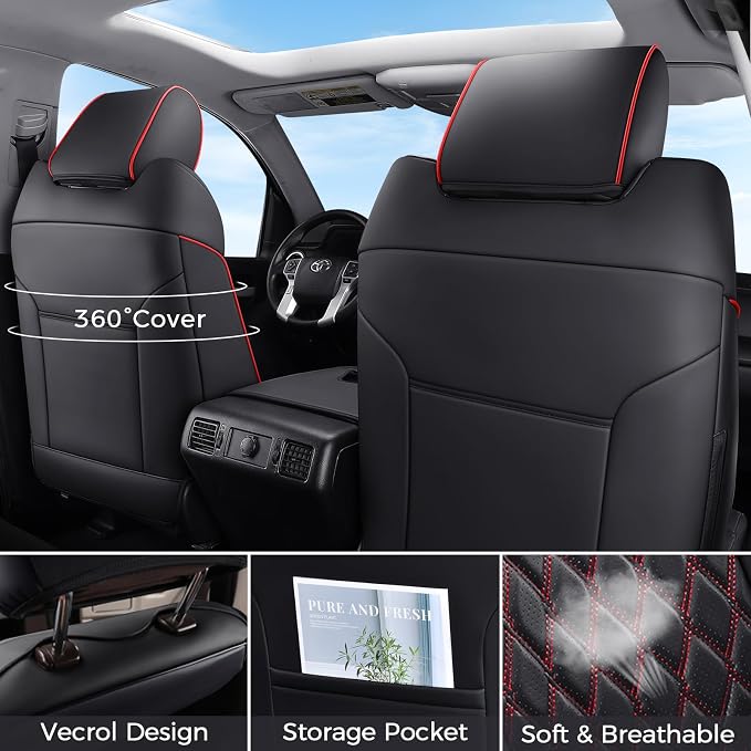 Huidasource Dodge Ram Seat Covers Full Set, Full Coverage Waterproof Leather Pickup Truck Seat Cushion Protector Fit for 2009-2018 1500, 2010-2025 2500/3500 Crew Mega Cab(Full Set/Black&Red)